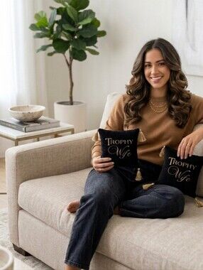 Trophy Wife Embroidered Throw Pillows - Black with Pink & Gold